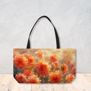 Sac de week-end unique pour femme avec impression de fleurs de dahlia à utiliser comme sac d'école ou de plage avec nom personnalisé gratuit par Agnes Pembroke