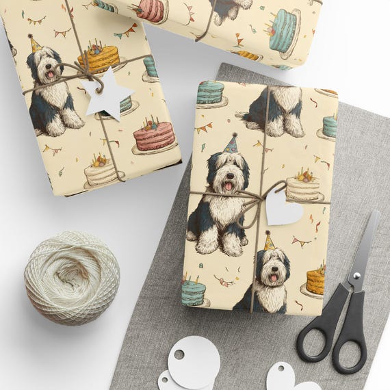 Old English Sheepdog Birthday Wrapping Paper with Party Hats and Cakes, Fun Dog Celebration Gift Wrap by Agnes Pembroke