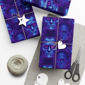 Carta da regalo blu per Halloween, motivo: mostro di Frankenstein, decorazioni per Halloween, carta per belle arti con finitura satinata o opaca di Agnes Pembroke
