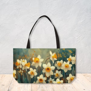 Sac de week-end design fleurs jonquilles avec fond en T Sac fourre-tout design personnalisé cadeau écologique pour elle par Agnes Pembroke