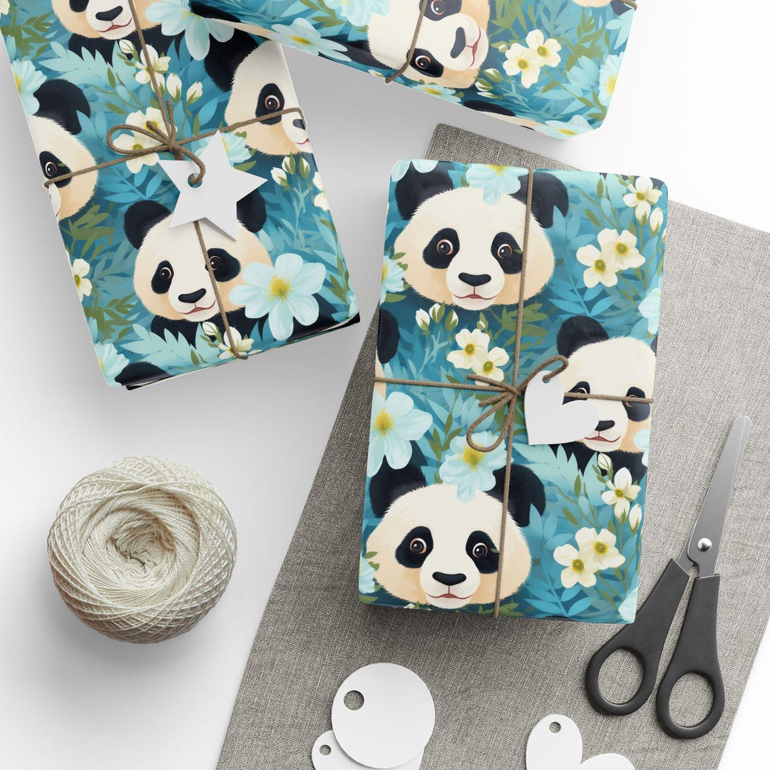 Panda Wrapping Panda Face Gift Wrap Blue Floral Wrapping Paper Cute Bear Faces Gift ...
