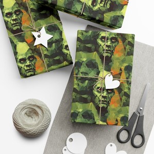 Carta da regalo verde per Halloween con stampa del mostro di Frankenstein, rotolo di carta da regalo con colori vivaci, carta per belle arti di Agnes Pembroke
