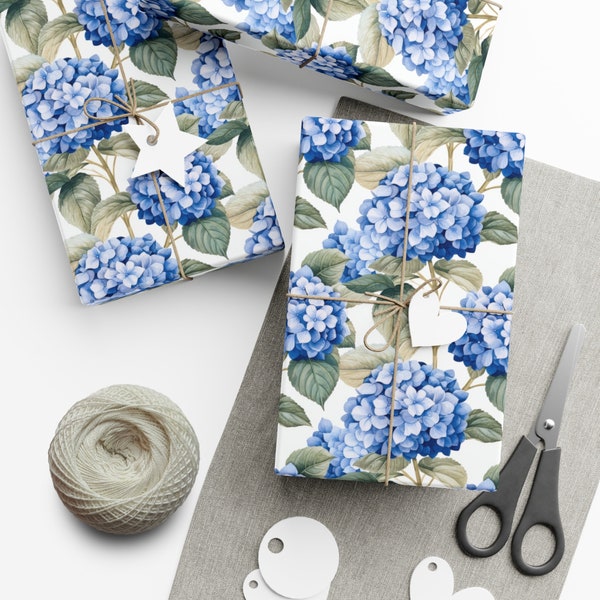 Papier cadeau floral, papier cadeau jardin, fleurs printanières, papier cadeau floral, aquarelle d'hortensias bleus, par Agnes Pembroke
