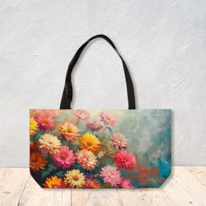 Sac fourre-tout unique pour maman avec fleurs de chrysanthèmes colorées, sac de créateur imprimé avec nom personnalisé par Agnes Pembroke