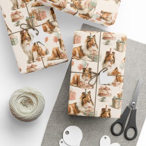 Carta da regalo a tema Collie, fogli da regalo per compleanno di cani, illustrazioni di Collie a pelo ruvido, confezioni regalo per feste per amanti dei cani di Agnes Pembroke
