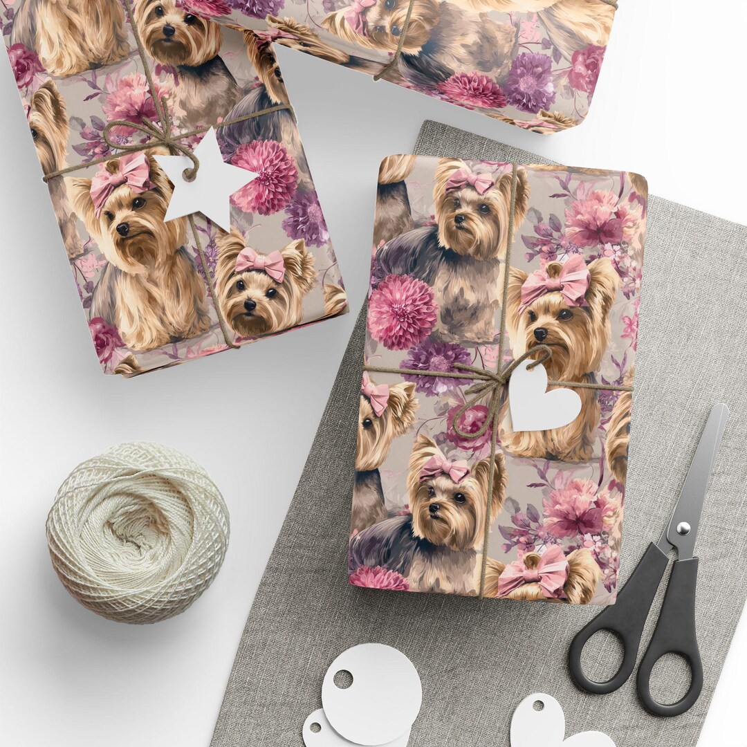 Yorkie Wrapping Paper Wrapping Papers, Yorkshire Terrier Floral Bows Design, Dog Birthday ...