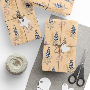 Wildflower Wrapping Paper Roll Beige and Blue Bluebonnet Flower Gift Wrap Vintage Style Floral Packaging Paper by Agnes Pembroke