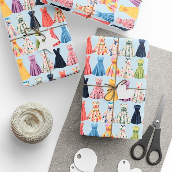 Vintage Dress Gift Wrap Retro Fashion Wrapping Paper Colorful Midcentury Dresses  Wrap Sheet Blue Background Gift Cover by Agnes Pembroke - Etsy