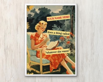 Oryginalna sztuka ścienna Dekoracja pokoju Zabawna spersonalizowana sztuka ścienna retro gospodyni domowej Cokolwiek ona chce Sztuka przestrzeni życiowej Plakat vintage Prezent dla niej