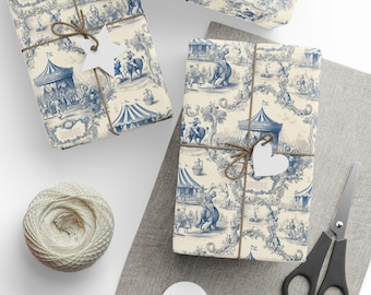 Toile de Jouy Wrapping Paper Roll, Vintage French Circus Blue Ivory Gift Wrap, Elephants, Clowns, Illustrated Pattern by Agnes Pembroke