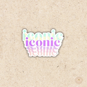 May include: A sticker with the word "iconic" in a layered design. The top layer is a vibrant purple, with a pastel color scheme of yellow, green, and pink underneath. The sticker is on a light brown textured background.