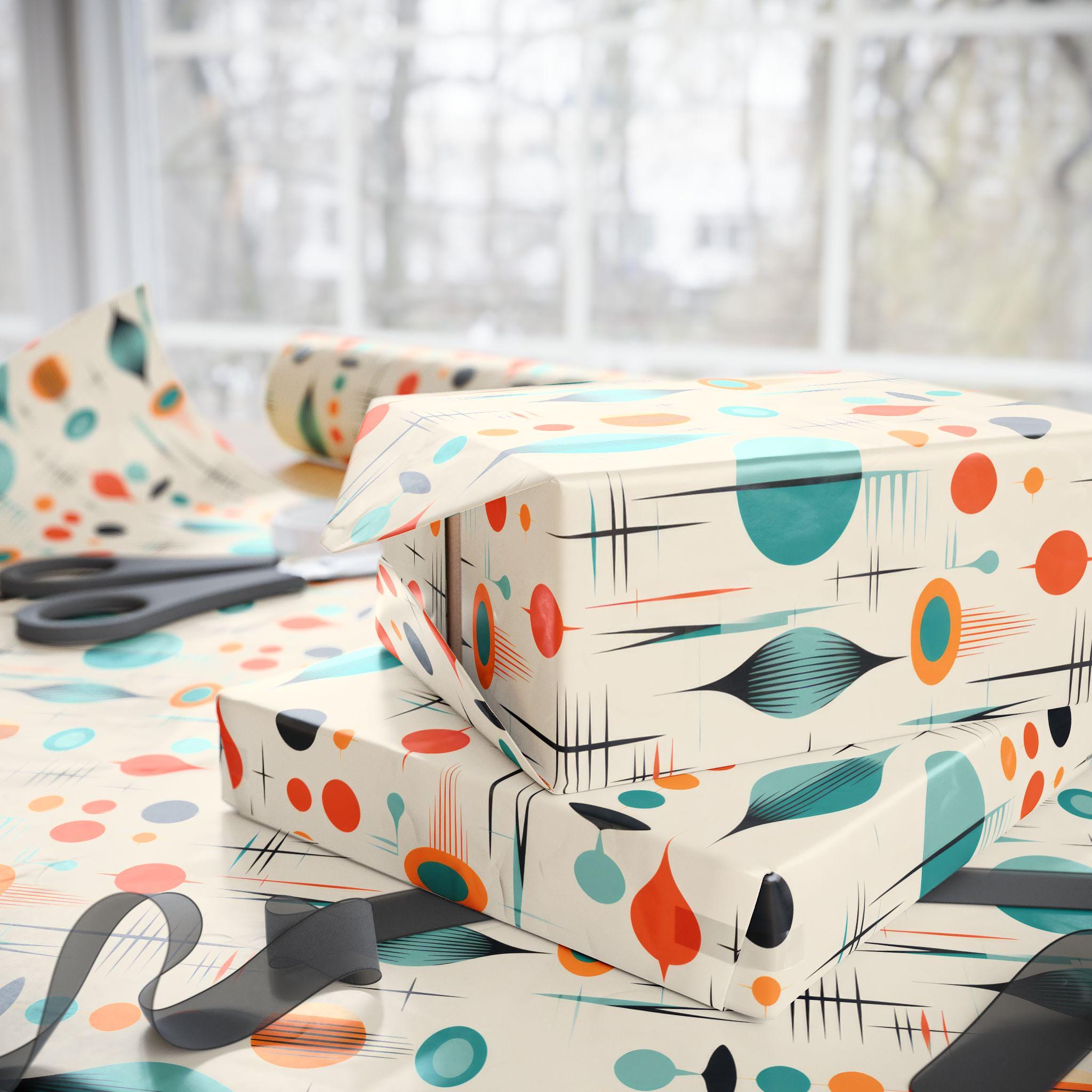 Mid Century Modern Gift Wrap Atomic Wrapping Paper Retro Shapes Wrap ...