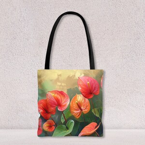 Sac fourre-tout personnalisé à imprimé fleurs d'anthurium Sac à bandoulière floral au design moderne, résistant au quotidien, sac à provisions pour femme, par Agnes Pembroke