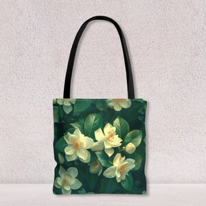 Sac fourre-tout aux couleurs vives pour faire du shopping avec des impressions décoratives de fleurs de jasmin Sac fourre-tout décoratif cadeau personnalisé pour elle par Agnes Pembroke