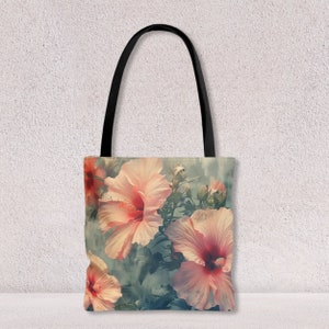 Sac fourre-tout fleuri Grand sac de voyage de rangement couleur pastel Sac fourre-tout vintage couleur pastel avec imprimé fleurs d'hibiscus Cadeau personnalisé pour elle par Agnes Pembroke