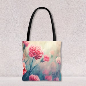 Sac fourre-tout de créateur rose fleurs d'oeillets pour sac de voyage ou sac à provisions respectueux de l'environnement réutilisable pour un usage quotidien par Agnes Pembroke