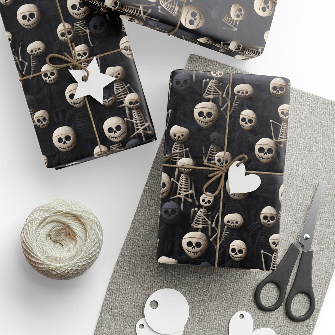 Cute Skeleton Crowd Gift Wrap Dark Halloween Wrapping Paper Playful ...