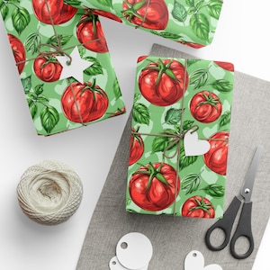 Tomato Basil Gift Wrap Garden Fresh Wrapping Paper Red Tomatoes and Green Leaves Wrap Sheet Light Green Paper by Agnes Pembroke