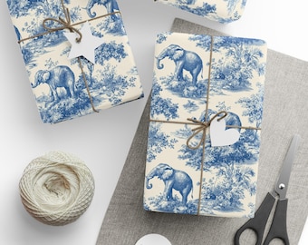 Elephant Toile Gift Wrap Blue Vintage Wrapping Paper with Elegant French Country Safari Style by Agnes Pembroke