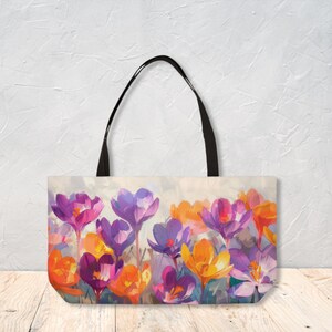 Sac de week-end à imprimé floral Sac fourre-tout à poignée durable avec fleurs de crocus décoratives Sac avec nom personnalisé Cadeau pour femme par Agnes Pembroke