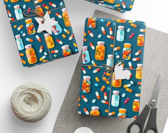 Prescription Gift Wrap Medicine Pattern Wrapping Paper Roll Colorful Capsule Bottles and Pharmacy Theme Gift Wrapping by Agnes Pembroke