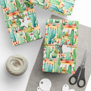 Carta da regalo con cactus, carta da regalo acquerellata, motivo illustrato con piante grasse dipinte a mano, foglio di carta da regalo con piante del deserto verde di Agnes Pembroke