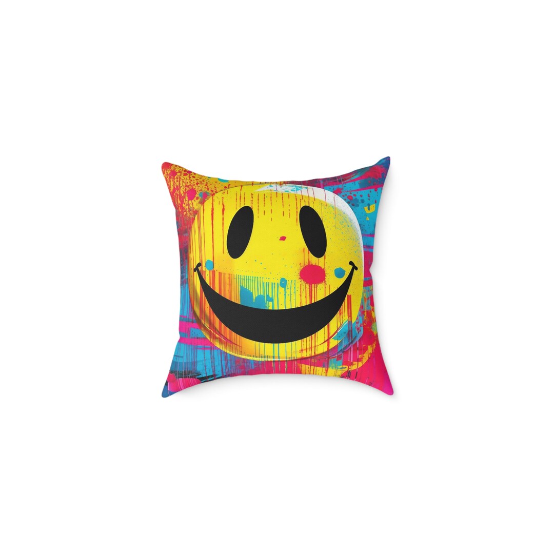 Trippy Acid House Smiley Face Pop Art Colourful Square Cushion Rave 90s