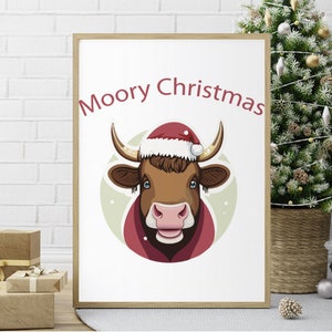 May include: A brown cow wearing a red Santa hat with the text "Moory Christmas" on a white background.