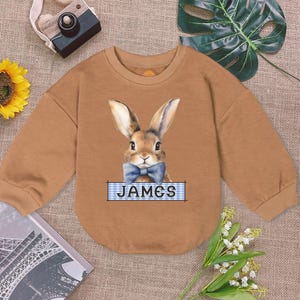 Personalized Spring Boy Easter Baby Romper Sweatshirt, Easter Bunny Baby Bodysuit, Rabbit Easter Baby Romper, 1St Birthday Boy Bodysuit