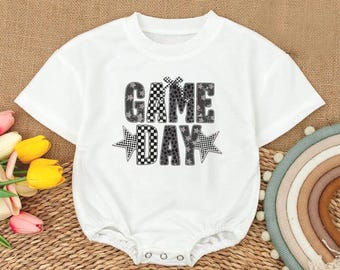 Game Day Romper, Football Fan Baby Bodysuit, Sports Lover Kid Tee, Checkered Outfit For Son, Grandson Game Day Clothes, Tailgate Party Tee