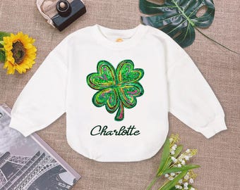 Custom St Patricks Day Shamrock Baby Romper Sweater, Four Leaf Clover Baby Bodysuit, 1St Patricks Day Baby Outfit
