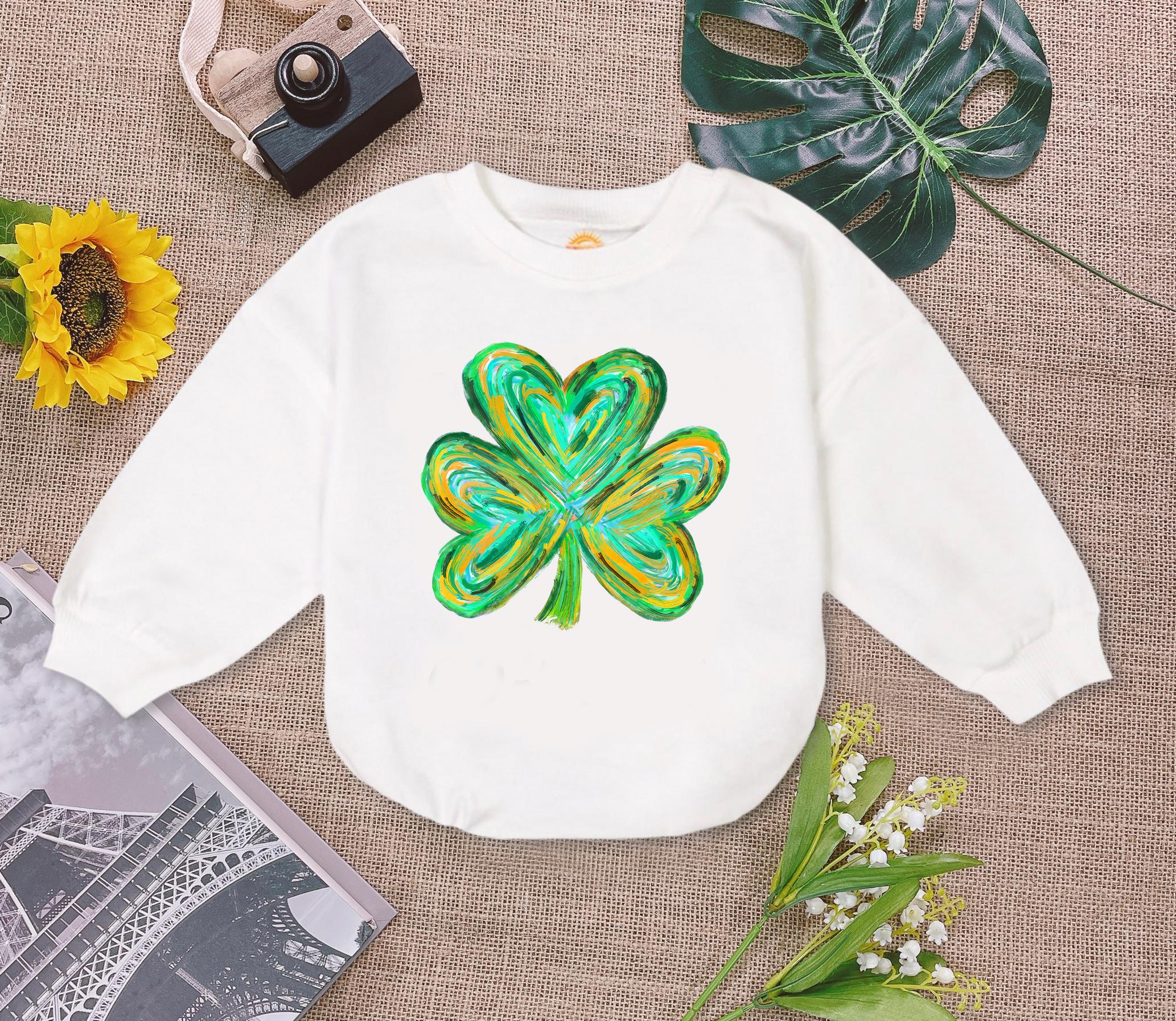 Four Leaf Clover Baby Romper Sweatshirt, St Patricks Day Baby Romper, Shamrocks Baby Bodysuit, Cute First St Patricks Baby Outfit
