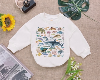Under The Sea Baby Romper Sweatshirt, Boho Ocean World Bodysuit, Cute Ocean Creatures  Newborn Outfit