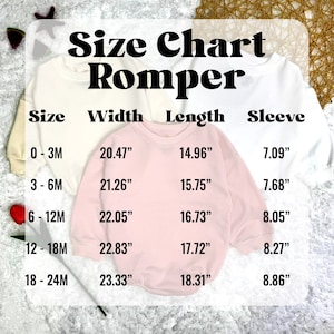 May include: A size chart for a baby romper, with measurements in inches. The chart includes sizes 0-3M to 18-24M, with width, length, and sleeve measurements. The image shows a pink romper and two white rompers.
