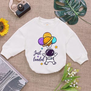 Just Landed Baby Romper Sweatshirt, Astronaut Baby Romper, Spaceship Baby Bodysuit, Newborn Outfit