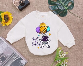 Just Landed Baby Romper Sweatshirt, Astronaut Baby Romper, Spaceship Baby Bodysuit, Newborn Outfit