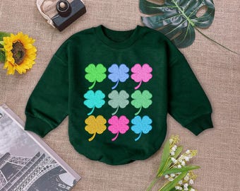 Shamrocks St Patrick&#39;s Day Romper Sweatshirt, Glitter Four Leaf Clover Baby Romper, Lucky Charm Baby Bodysuit, First Patricks Day Outfit