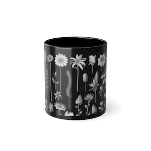 Enchanting Cottagepunk Mug: Whimsical Flowers in Black & White. Naturecore meets Hand-drawn Animation! Black Coffee Cup, 11oz