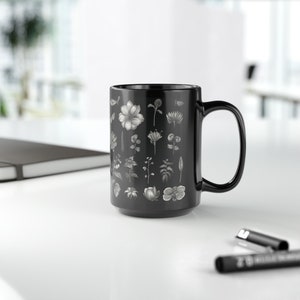 Cottagepunk Mug: Whimsical Flowers in Black & White, Suffolk Coast Views. Naturecore meets Hand-drawn Animation! Black Mug, 15oz
