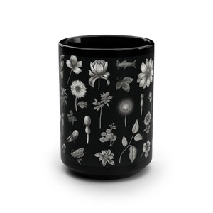 Cottagepunk Mug: Whimsical Flowers in Black & White, Suffolk Coast Views. Naturecore meets Hand-drawn Animation! Black Mug, 15oz