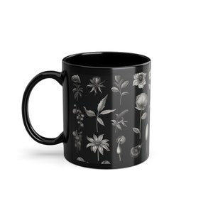 Enchanting Cottagepunk Mug: Whimsical Flowers in Black & White. Naturecore meets Hand-drawn Animation! Black Coffee Cup, 11oz