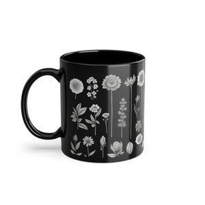 Enchanting Cottagepunk Mug: Whimsical Flowers in Black & White. Naturecore meets Hand-drawn Animation! Black Coffee Cup, 11oz