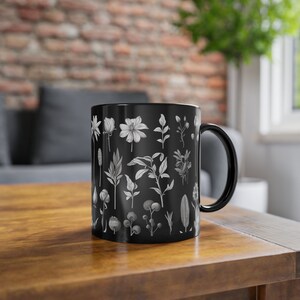 Enchanting Cottagepunk Mug: Whimsical Flowers in Black & White. Naturecore meets Hand-drawn Animation! Black Coffee Cup, 11oz