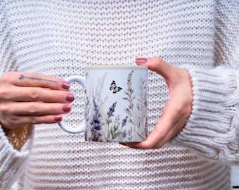 Wildflower Lavender Coffee Mug, Watercolor Floral Ceramic Mug (11oz)