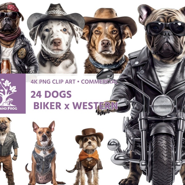 24 PNG Biker x Western Dogs Clipart - vestiti in pelle equitazione strada di campagna acquerello realistico - download arte stampabile