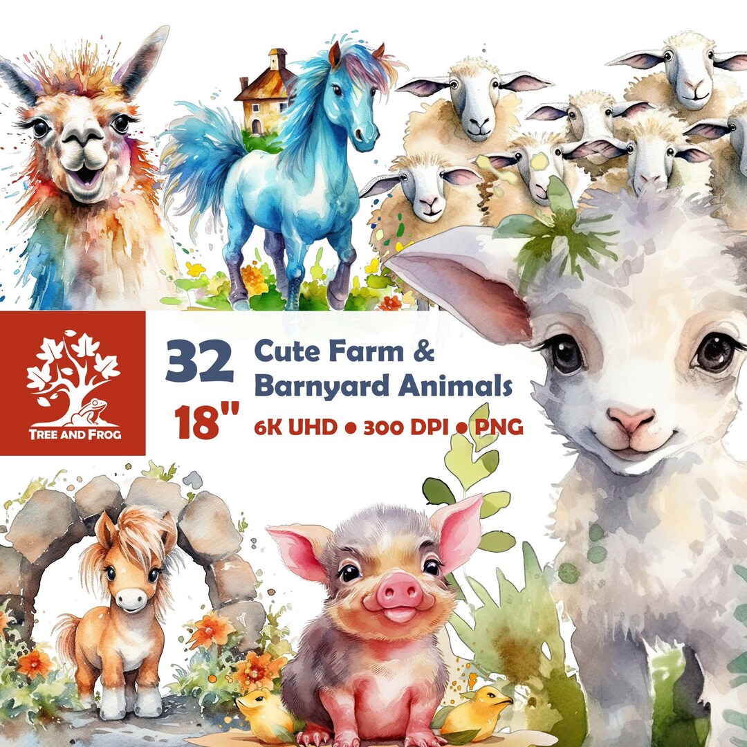 32 PNG Adorable Farm Animals Clipart Chicken Cow Pig Goat Horse Llama ...