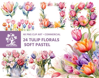 24 PNG Tulip Soft Pastel Florals Clipart - frame boho dusty vintage antique watercolor - printable art download