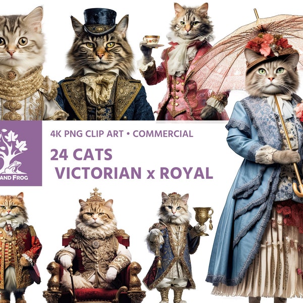 24 PNG Victorian x Royal Cats Clipart - clothes fancy aristocrat dress realistic watercolor - printable art download