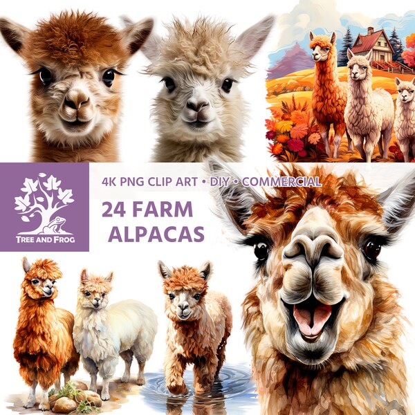 24 PNG Farm Alpacas Clipart - cute baby poses scenes realistic watercolor vibrant lifelike - printable art download