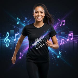 Pode incluir: Camiseta preta com um gráfico branco e azul de um tênis de corrida e o texto "Run the Vibes". O design é cercado por notas musicais e gráficos de ondas sonoras. A pessoa está usando leggings pretas.